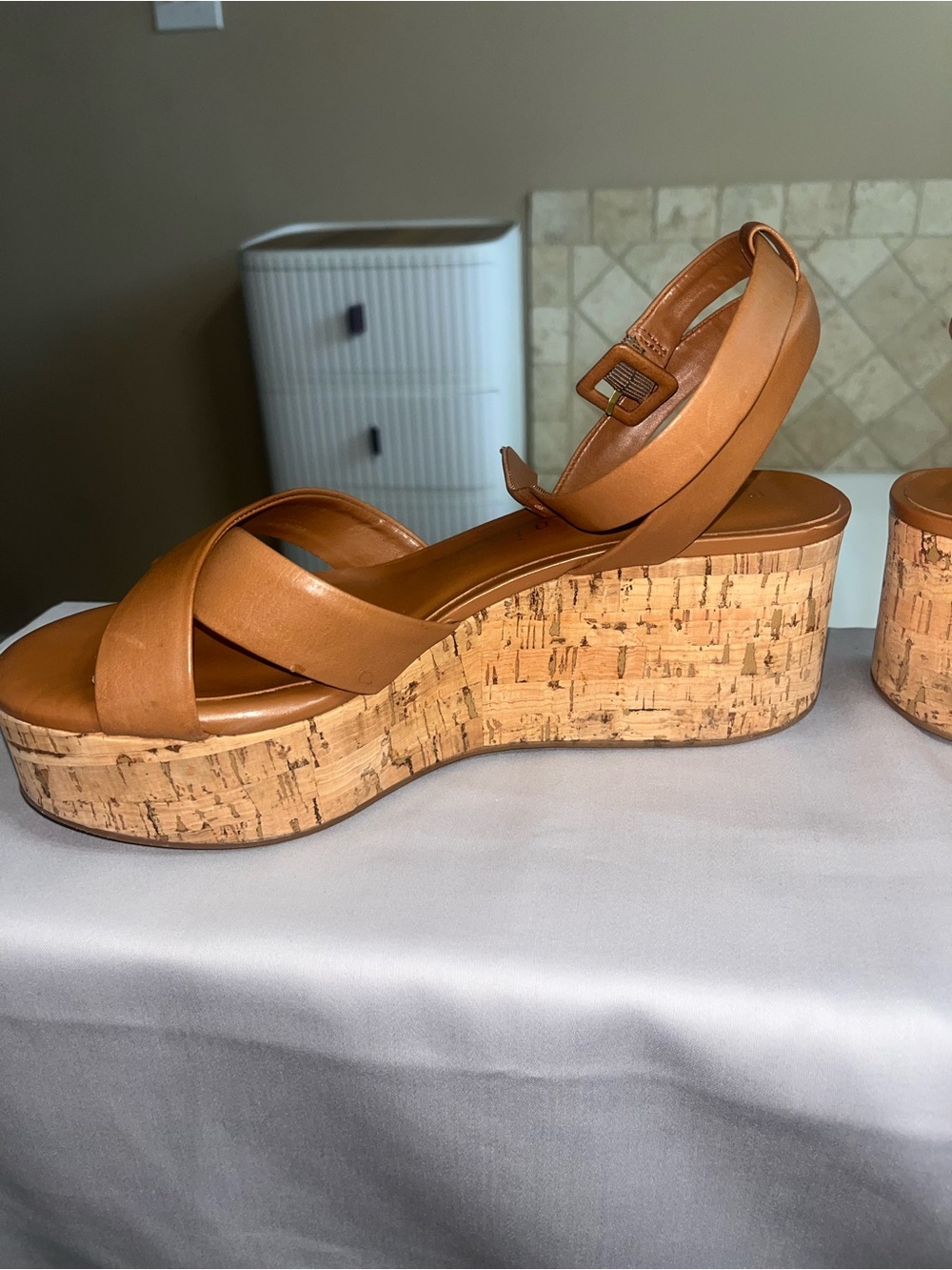 Gianni Bini Tan Cork Platform Strappy Wedge Sandals - Picture 3 of 5
